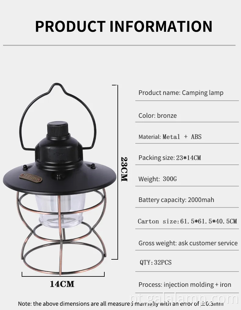 Lâmpada de acampamento de LED à prova d'água com carregamento USB para o ar livre